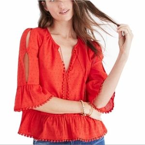 Madewell Peekaboo Pom-Pom Red/Orange Top with Tassels, Size XS